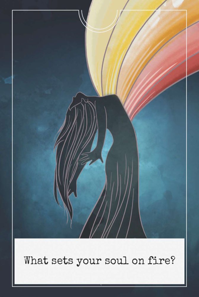 In Lak'ech card with an illustration of a silhouette of a person with flowing hair against a colorful, abstract background with text 'What sets your soul on fire?'.