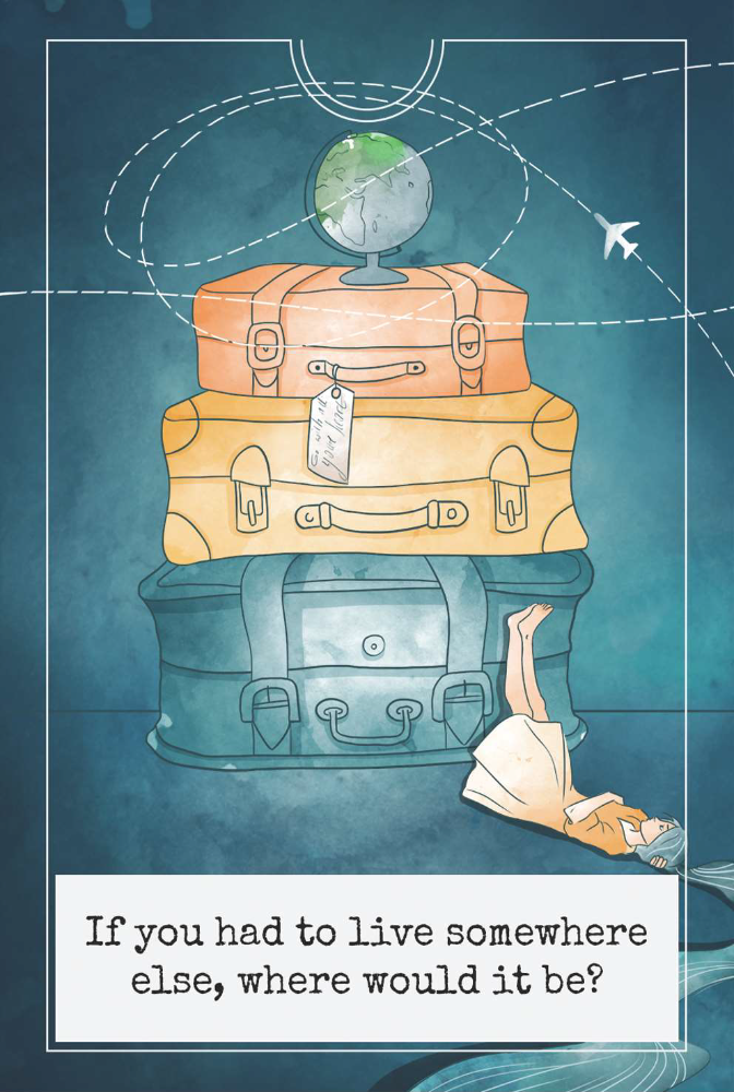 In Lak'ech card with an illustration of stacked suitcases with a globe on top, against a blue background with travel lines and text that says If you had to live somewhere else, where would it be?