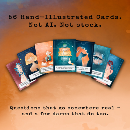 Set of hand-illustrated cards on an orange background with text about their unique features.