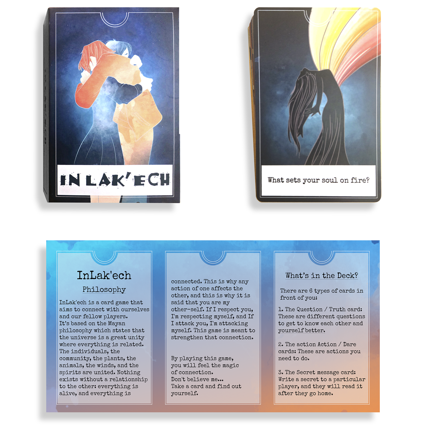 Package, cards, and front of the instructions insert from the game In Lak'ech